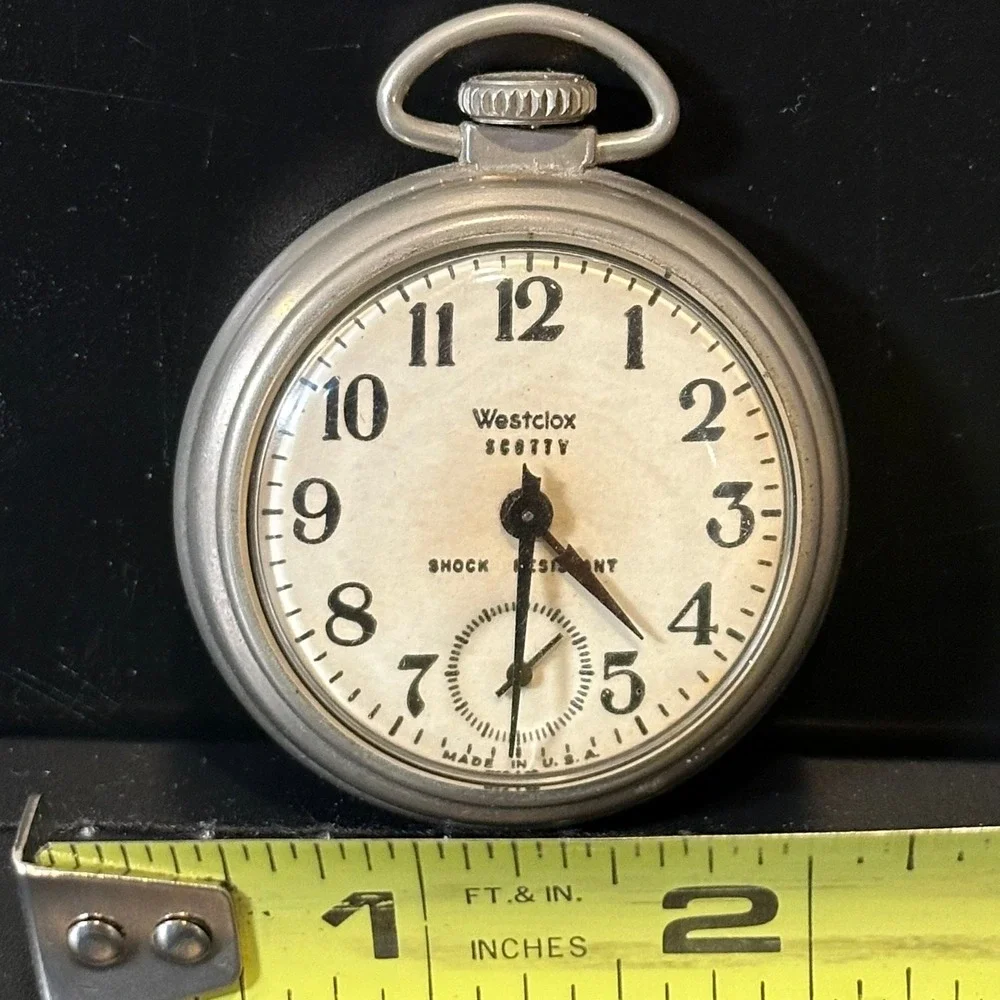 Vintage‎ Westclox Scotty Pocket Watch Shock Resistant Made in USA Silver Tone